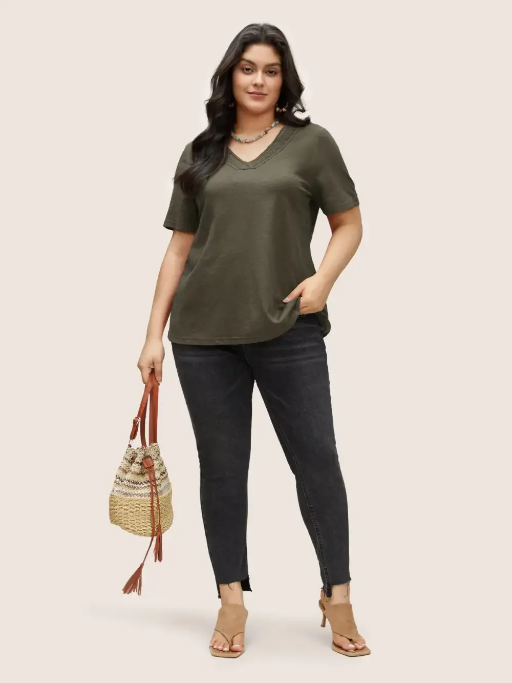 Plain V Neck Lace Panel T-Shirt