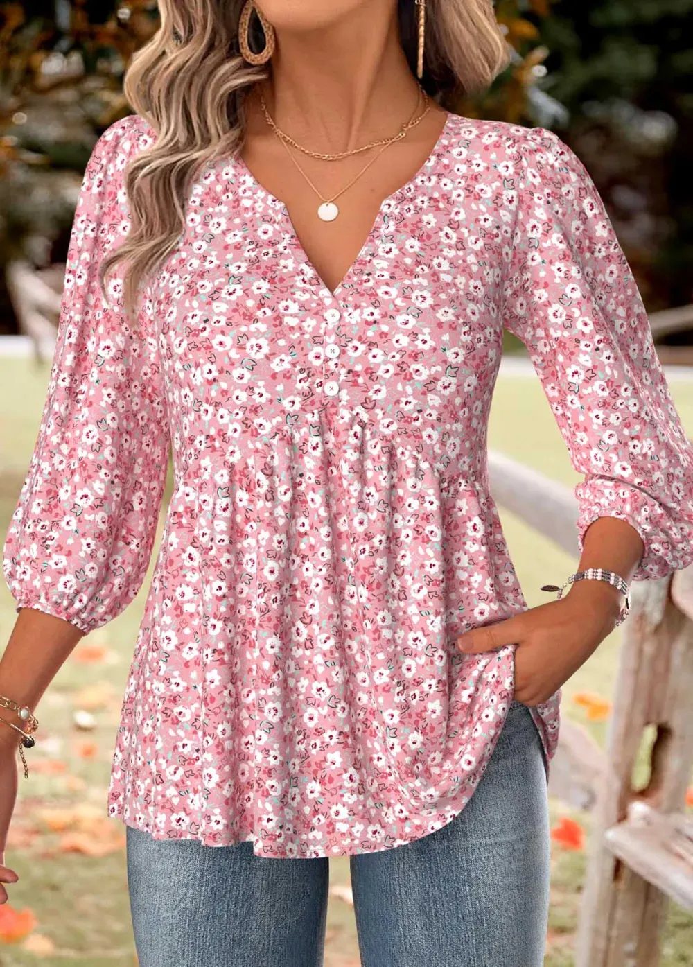 Pink Ditsy Floral Print 3/4 Sleeve Split Neck Blouse