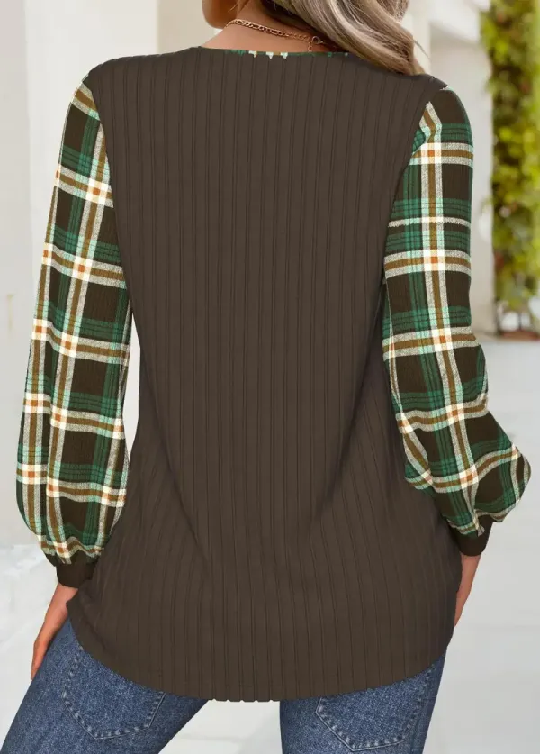 Dark Coffee Tummy Coverage Plaid Long Sleeve T Shirt