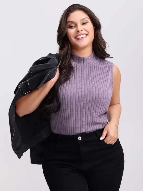 Ribbed Stretchy Mockneck Tank Top