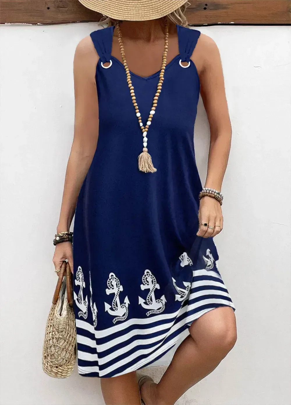 Navy Pocket Geometric Print A Line Sleeveless Dress