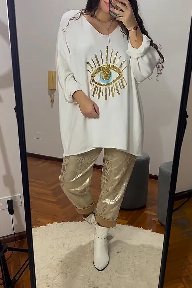 Women's Eye Pattern Top and Pants 2-Piece Set