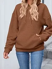 Women's Texture Blouse Pullover Hoodie Sweatshirt Plain Streetwear Casual Long Sleeve Hooded Regular Tops Street Holiday Going out Pocket Black Pink Brown Khaki Gray Fall