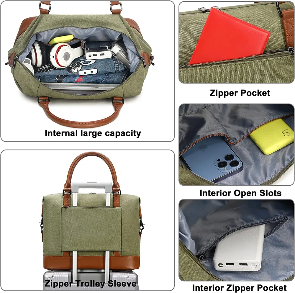 Ladies Canvas Weekender Bag Overnight Carry-on Tote Duffel in Trolley Handle