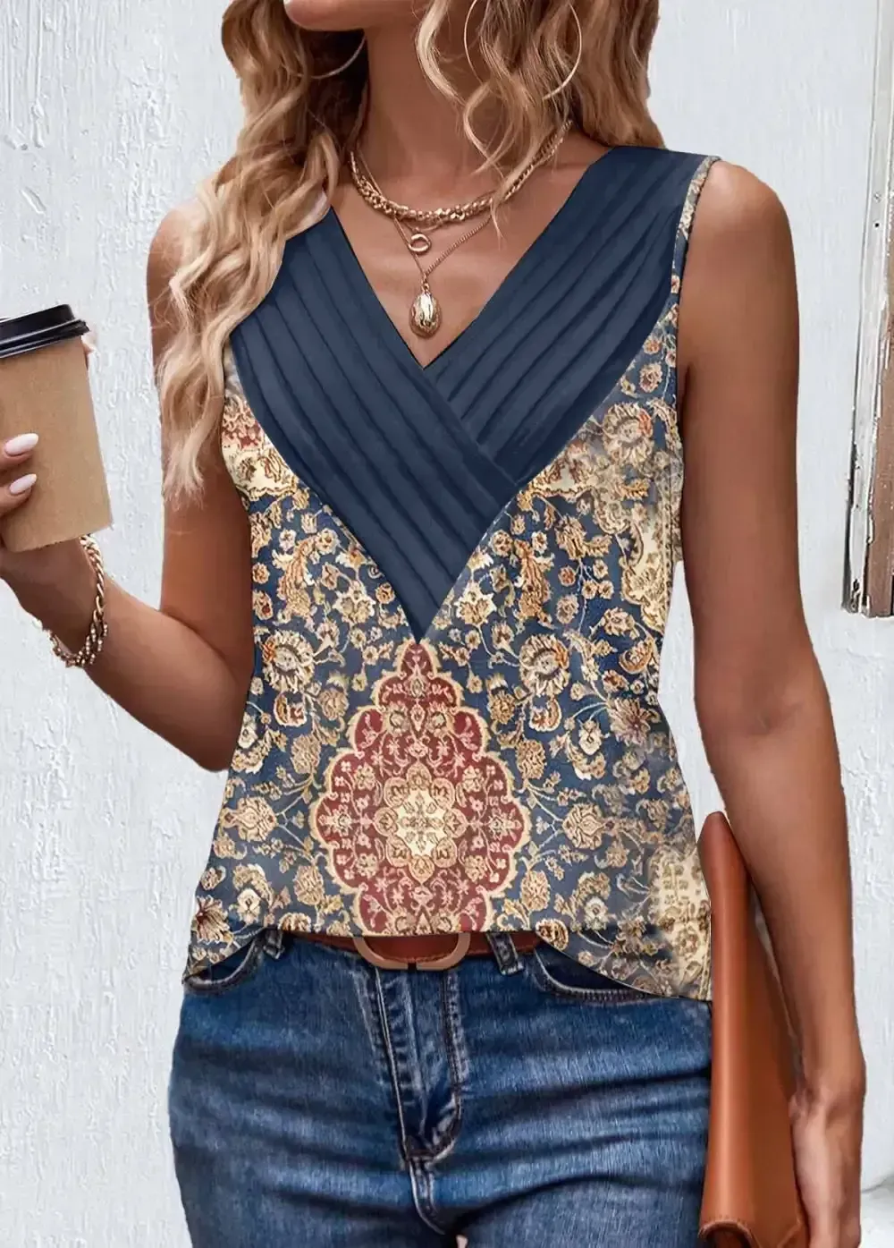 Blue Patchwork Tribal Print Sleeveless V Neck Tank Top