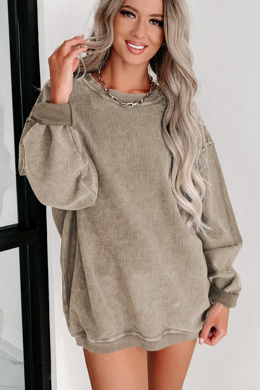 ✨ Women's Solid Color Ribbed Knit Round Neck Pullover Sweatshirt