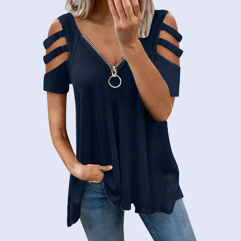 Sexy V-neck zipper solid color T-shirt