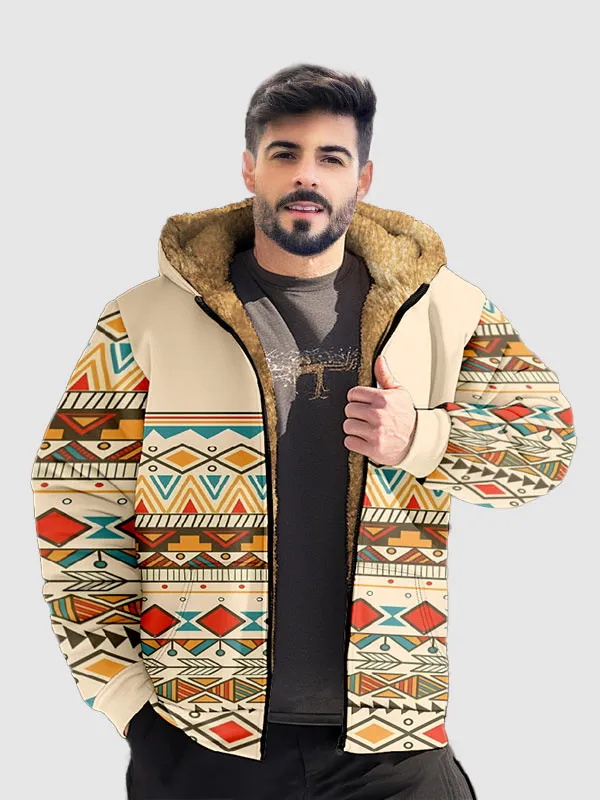 Men's Ethnic Fleece Full Zip Retro Print Hoodie Jacket