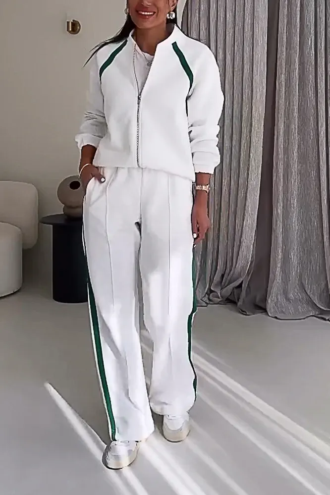 Women's contrast color zipper cardigan jacket & pants two-piece set