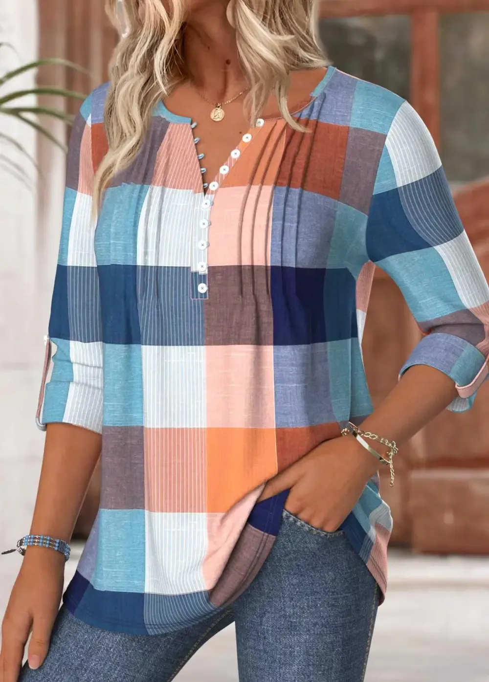 Multi Color Tummy Coverage Plaid Long Sleeve T Shirt