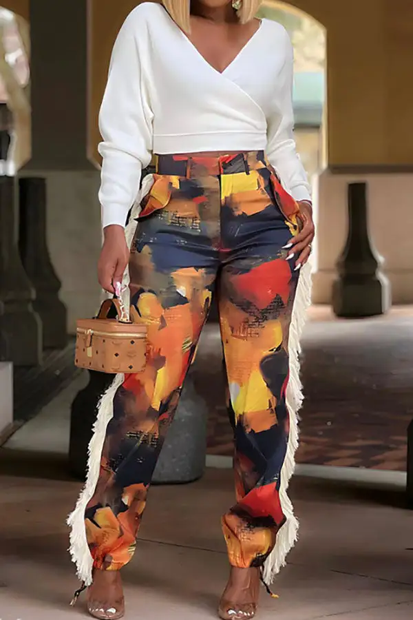 Graffiti Print Side Tassel Pants