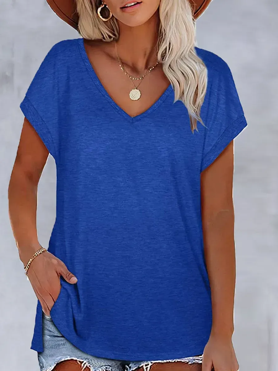 V-neck Casual Loose Solid Color Short-sleeved T-shirt