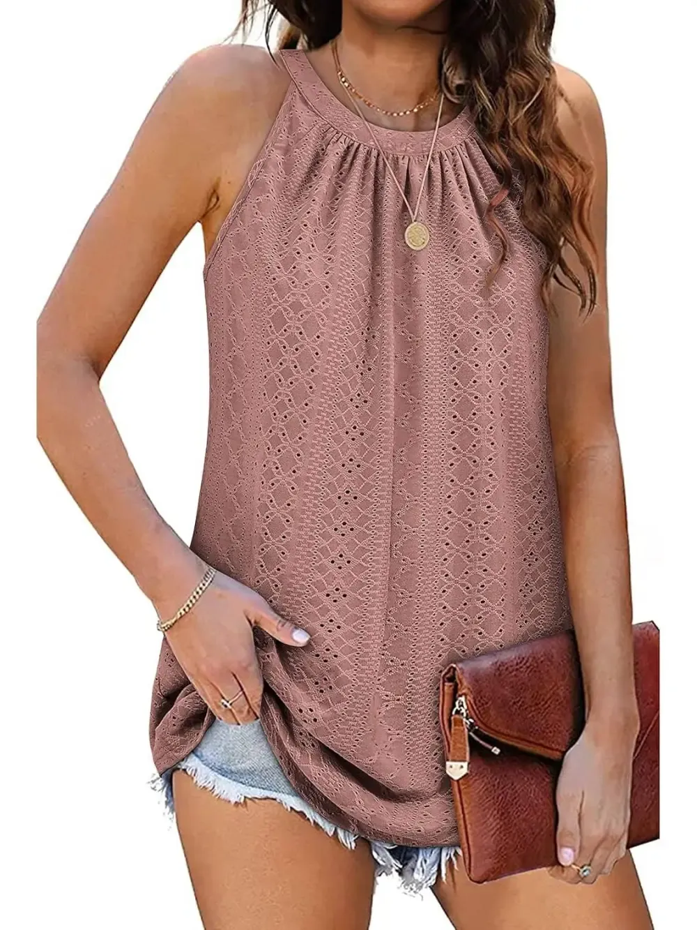 ✨Women Casual Pleated Eyelet Loose Fit High Neck Sleeveless Halter Tank Tops