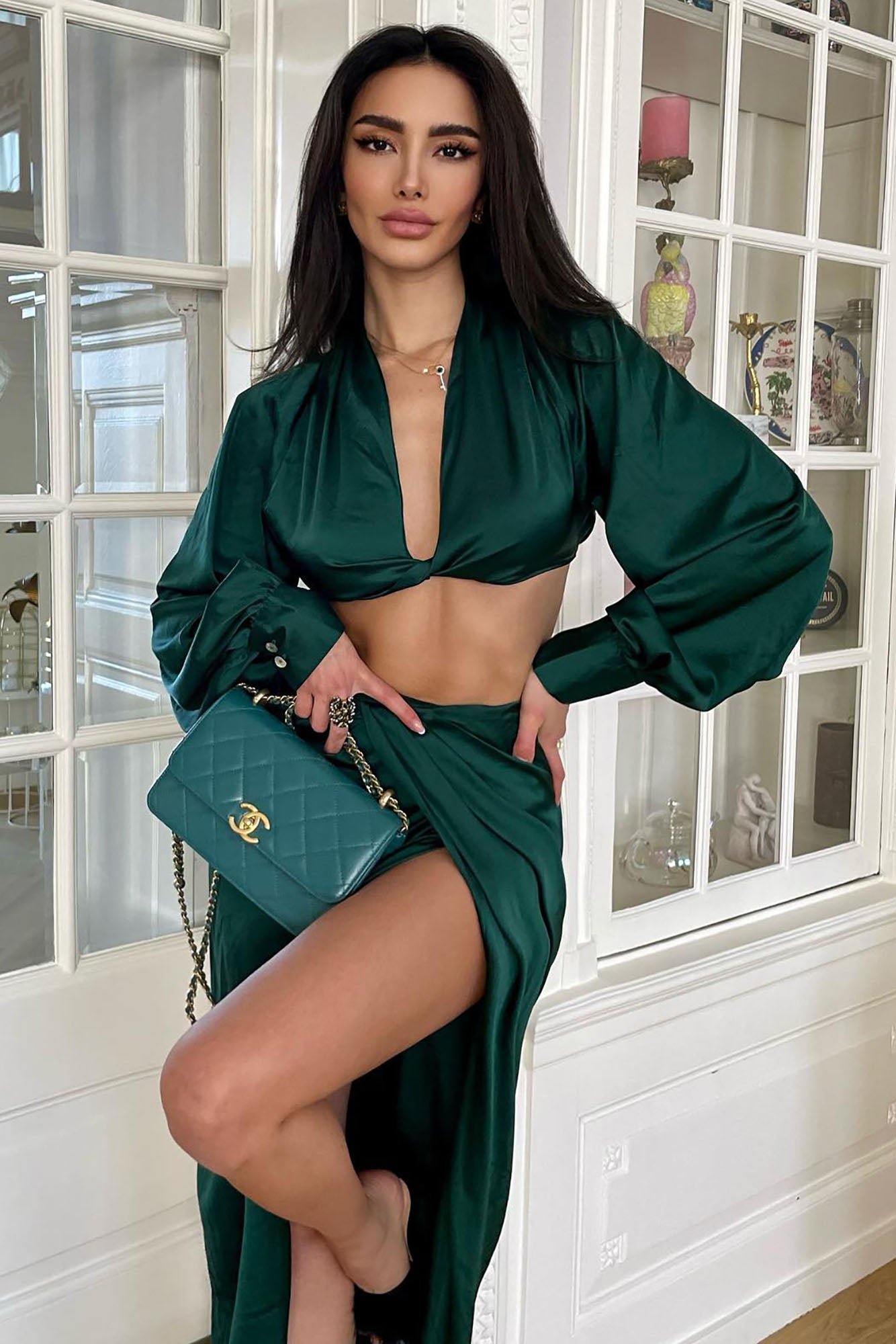 Love Again Satin Skirt Set - Emerald