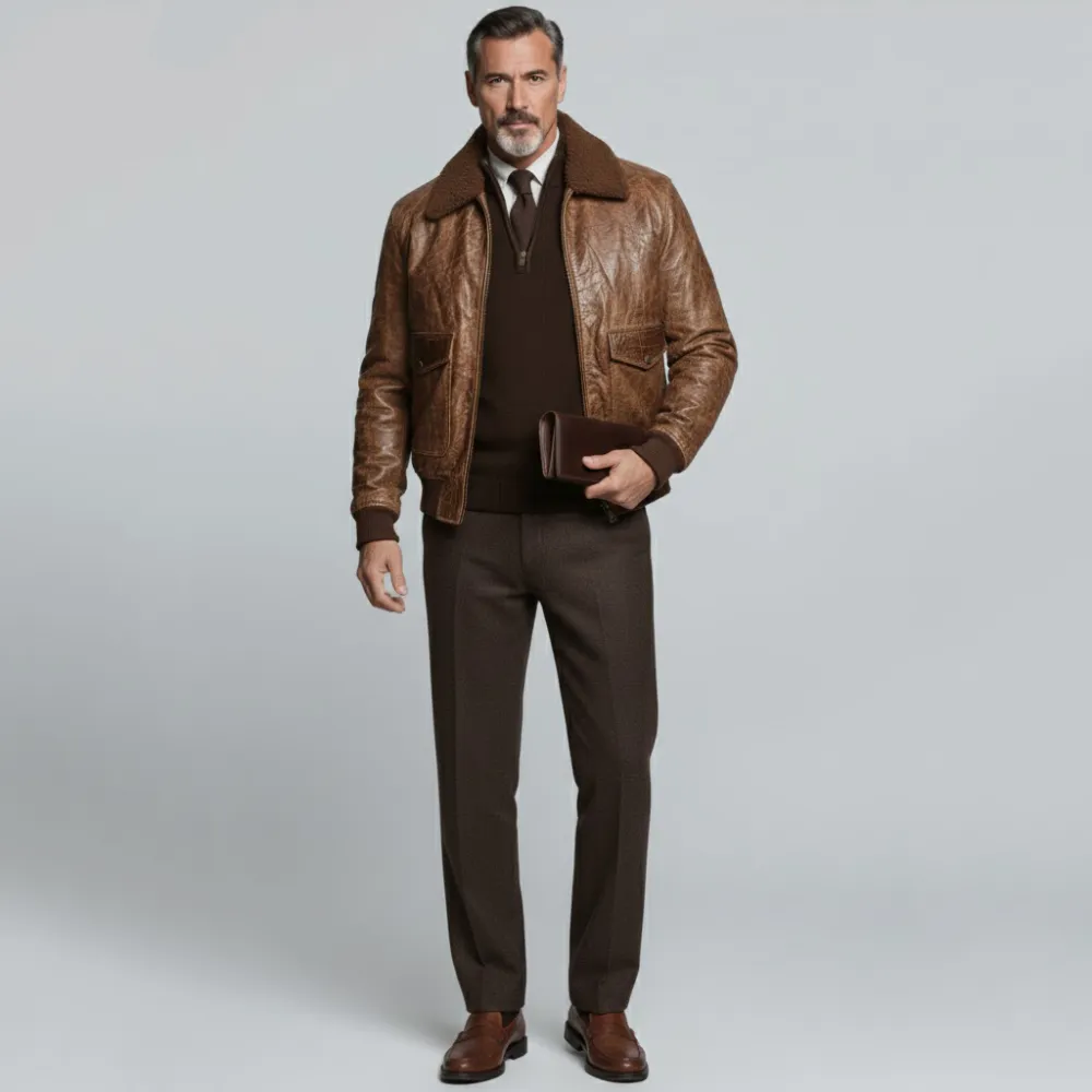 Men's Brown Plush Shirt Collar Long Sleeve Crocodile Flap Pockets Zipper PU Leather Jacket