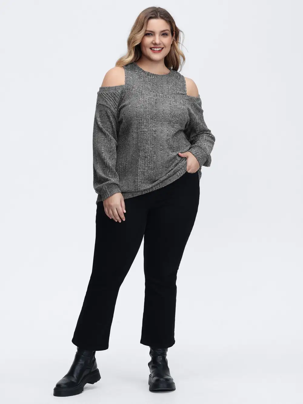 Off-Shoulder Textured Solid Sweatshirt