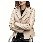 Women's Faux Leather Jacket Comfortable Full Zip Fashion Street Style Plain Outdoor Casual Daily Regular Turndown Regular Fit Long Sleeve Outerwear Silver Black Pink Spring Fall
