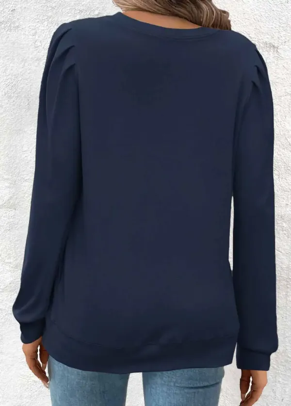 Navy Double Side Pockets Long Sleeve Round Neck Sweatshirt