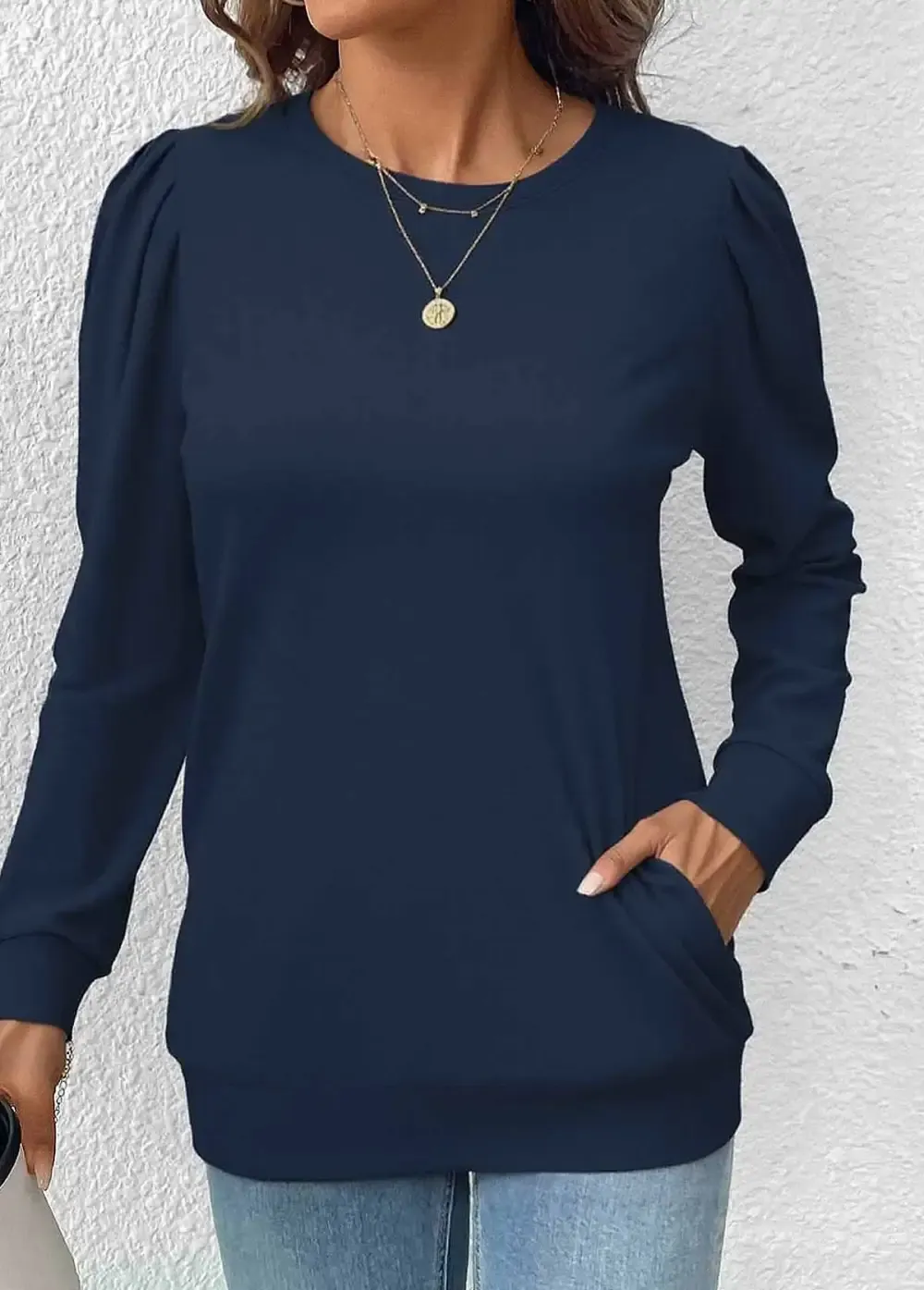 Navy Double Side Pockets Long Sleeve Round Neck Sweatshirt