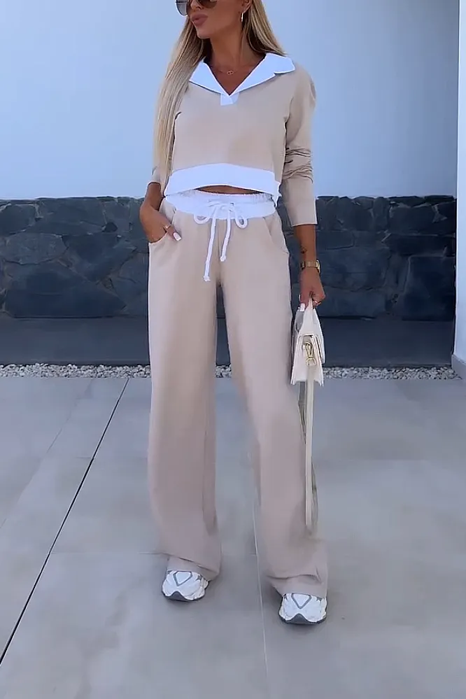 Women's contrasting splicing V-neck and pants two-piece set