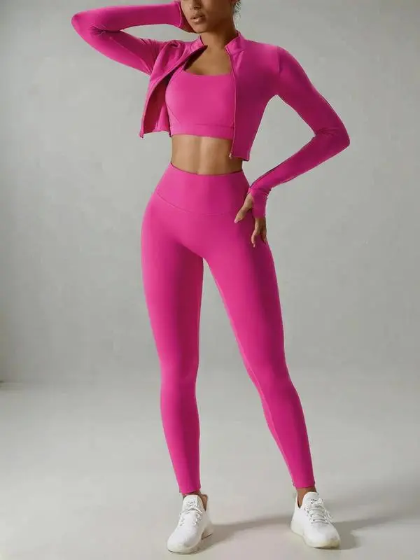 Women's 3 Piece Tracksuit Set - Criss Cross Crop Tank, High Waist Leggings & Zip Up Jacket