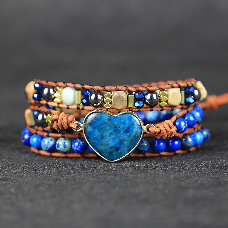 Blue Apatite Stone Bracelet-Natural Heart Shaped Gemstone Bracelet-Healing Calming Balance Meditation Mental Health Energy Protection Gift