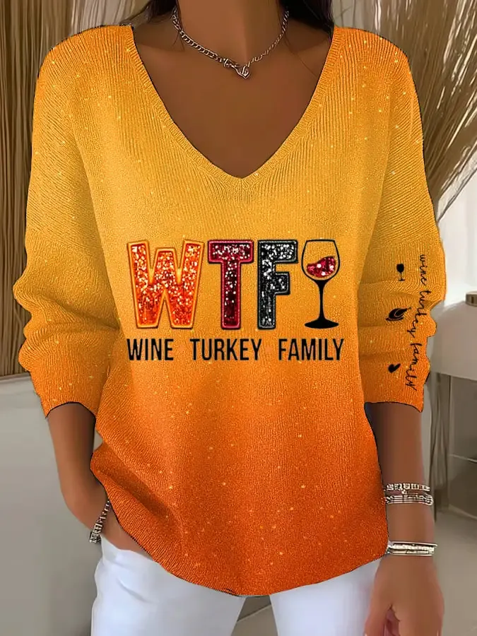 Women's Thanksgiving Turkey Family Print Sweater
