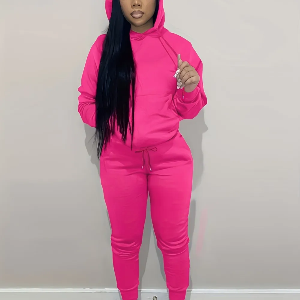 Womens Comfort-fit Drawstring Hoodie & Loose Sweatpants Set - Stylish Two-Piece Pantsuit with Handy Pockets - Versatile Casual Wear for Everyday Style
