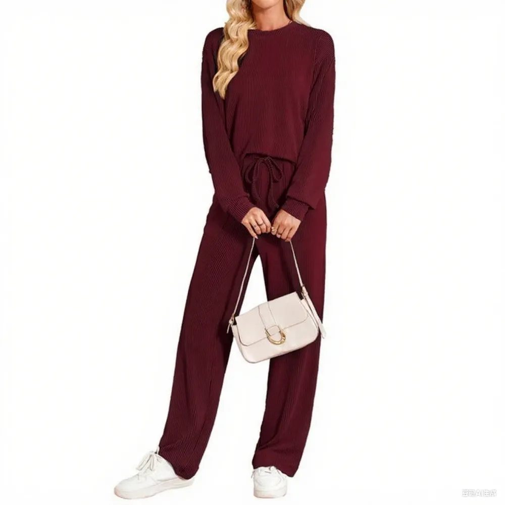 Women's 2-Piece Ribbed Knit Lounge Set – Long Sleeve Top & Pants, Summer Casual Matching Outfit