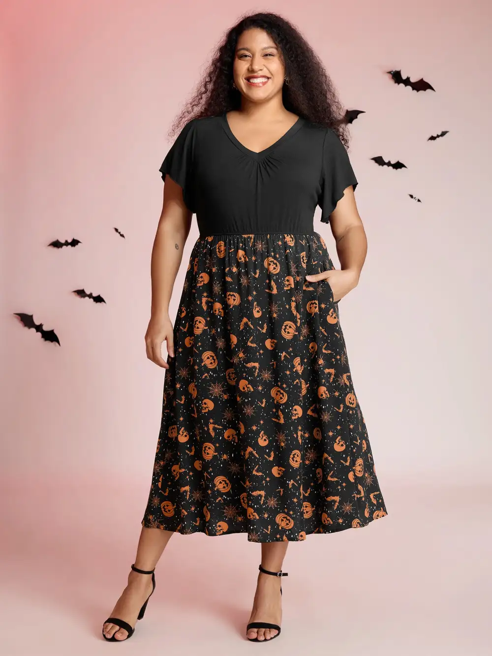 Pumpkin Contrast Print Pockets Maxi Dress
