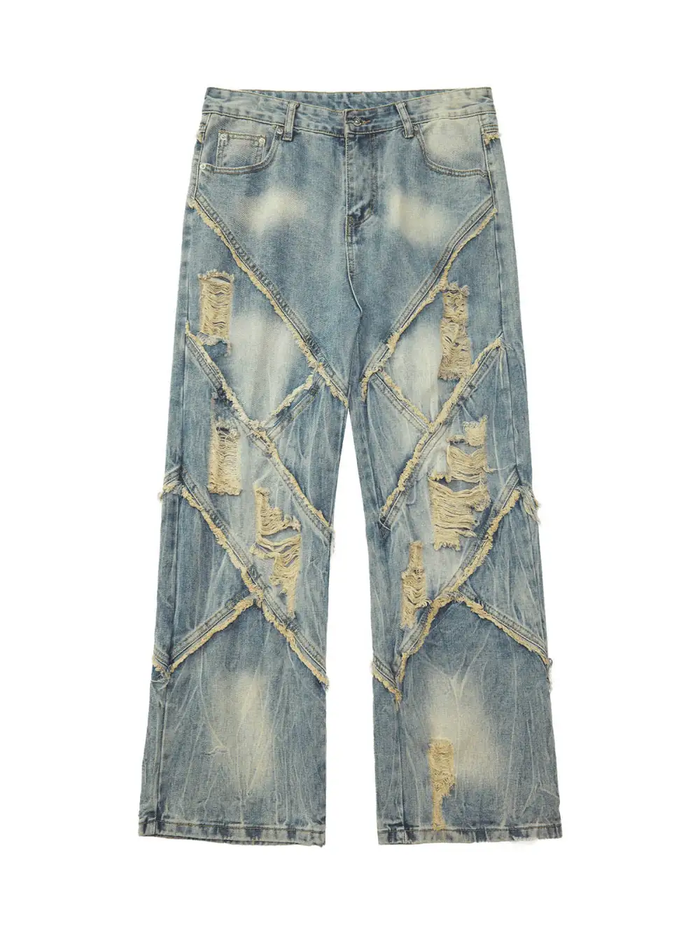 Heavy Washed Ripped Plaid Stitching Hip-Hop Jeans - 2174