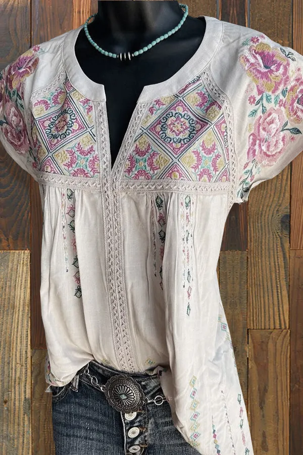 Vintage Floral Print V-Neck T-Shirt