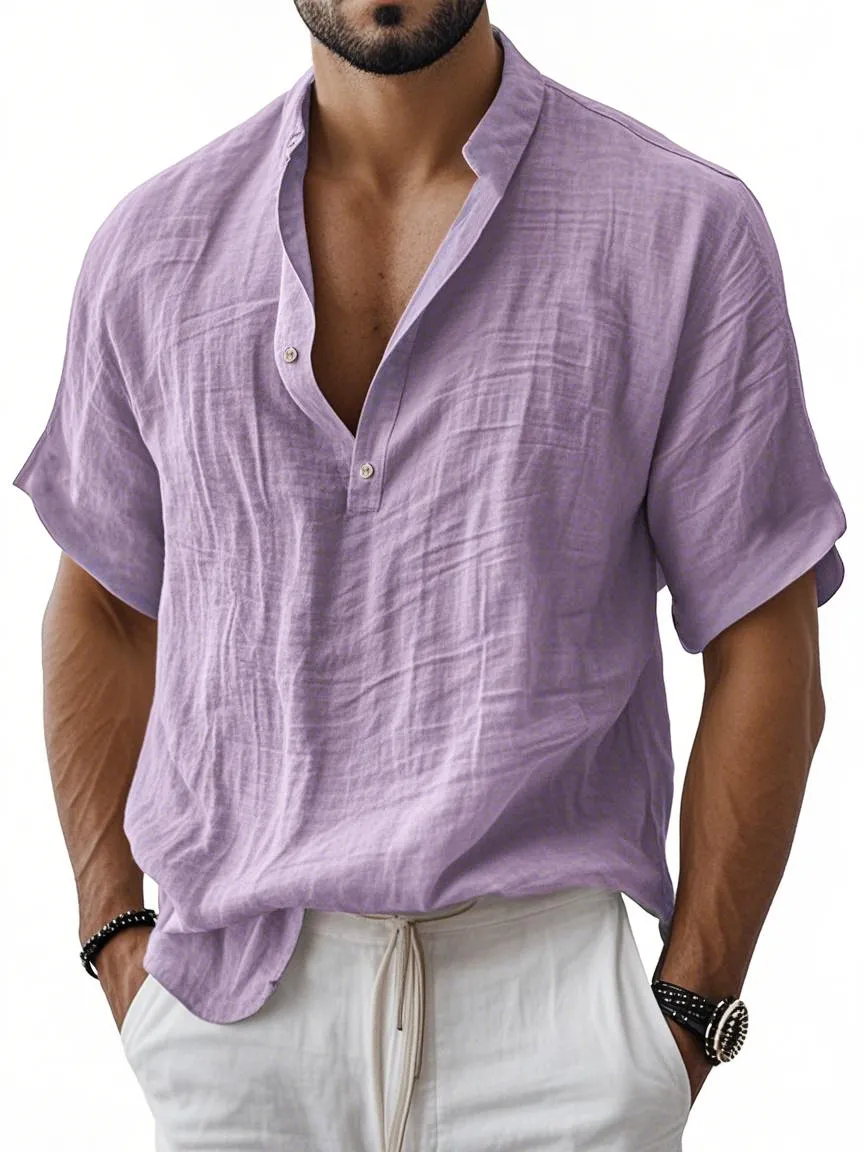 Men's Breathable Linen Henley Button Short Sleeve T-Shirt Henley Shirt
