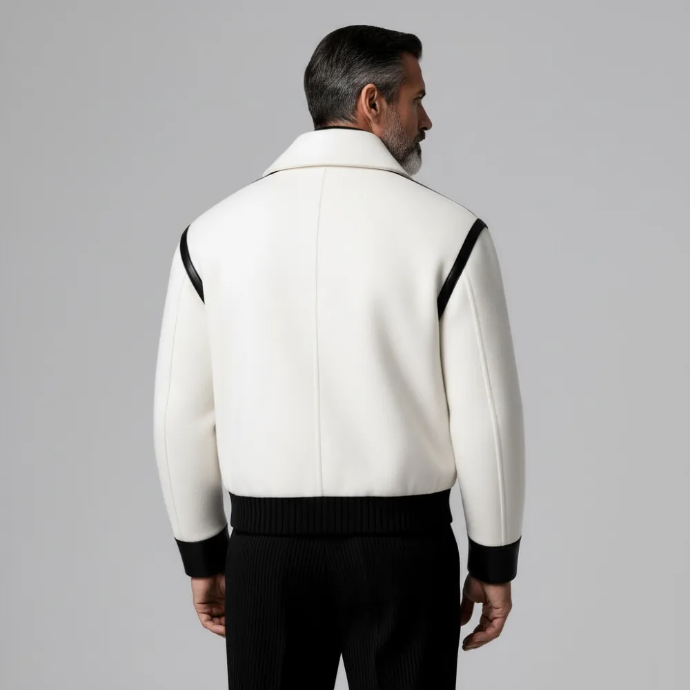 Men's White Contrast Black PU Leather Trim Shirt Collar Long Sleeve Pocket Zip Up Jacket