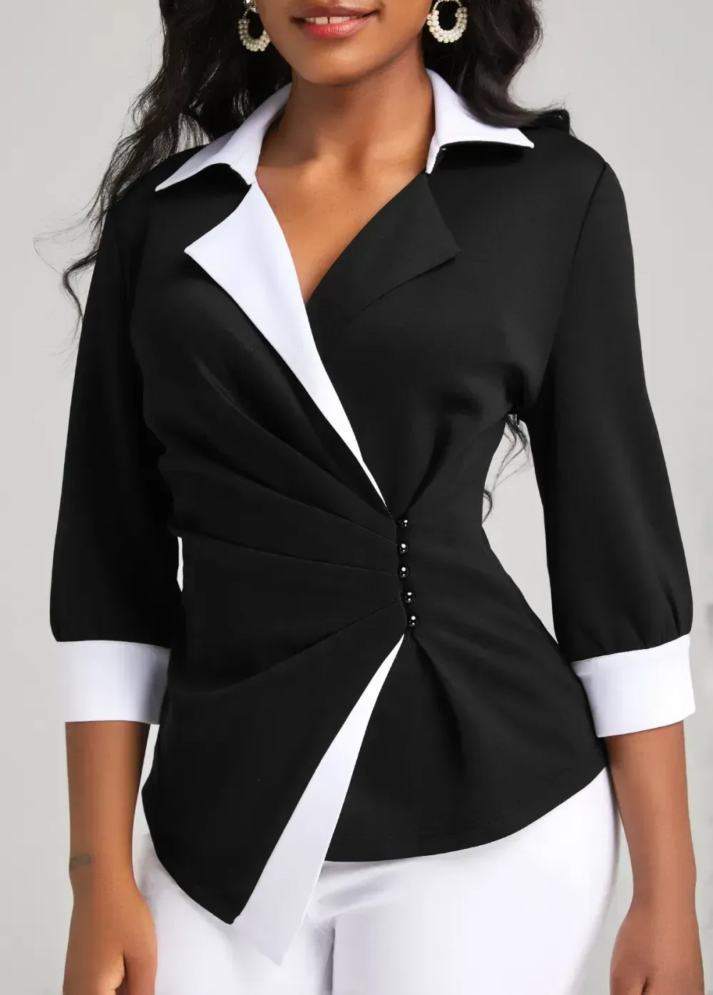 Black Button 3/4 Sleeve Lapel Blouse