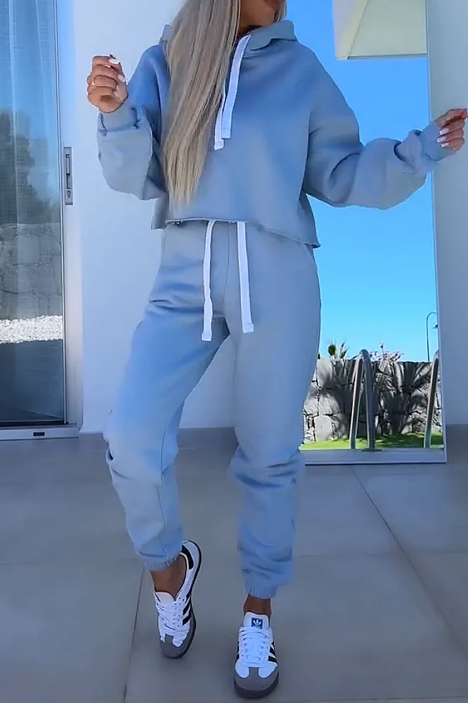 Women's solid color round neck top and pants two-piece set