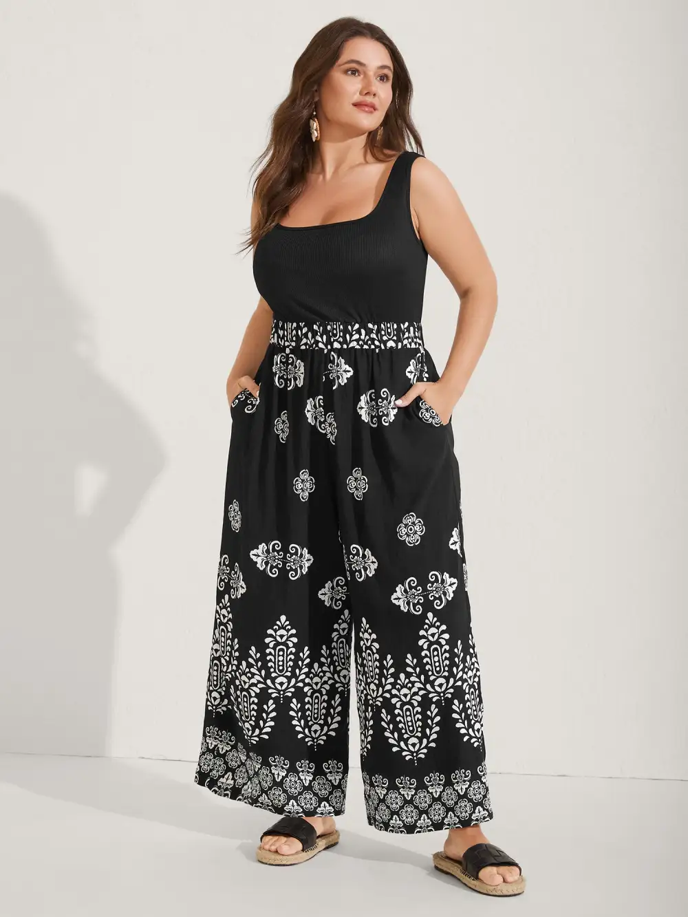 Boho Print Color Contrast Flowy Jumpsuit