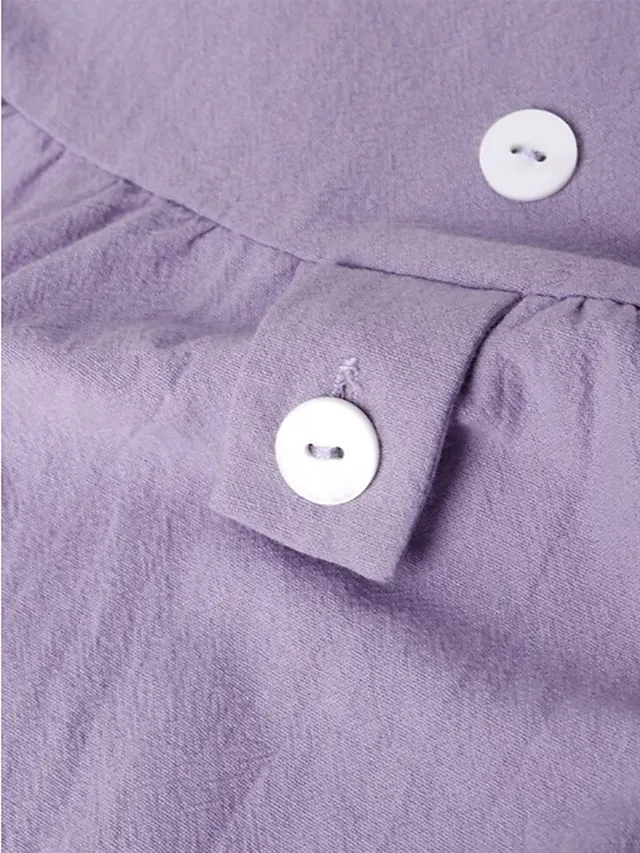 Women's Cotton Linen Dress Casual Dress Midi Dress Cotton Blend Basic Casual Outdoor Daily Vacation Crew Neck Ruched Button Short Sleeve Summer Spring 2023 Loose Fit White Purple Green Plain M L XL