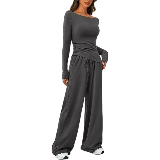 Women's 2-Piece Lounge Set – Asymmetrical Long Sleeve Top & Wide-Leg Pants, Casual Minimalist Tracksuit
