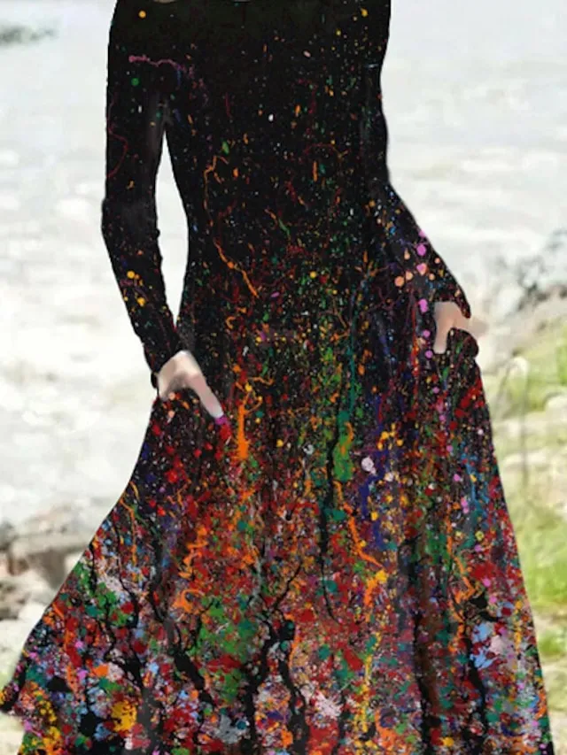 Women‘s Casual Dress Swing Dress Midi Dress Blue Yellow Rainbow Long Sleeve Color Gradient Pocket Print Winter Fall Crew Neck Vacation Casual Fall Dress 2023 S M L XL XXL 3XL