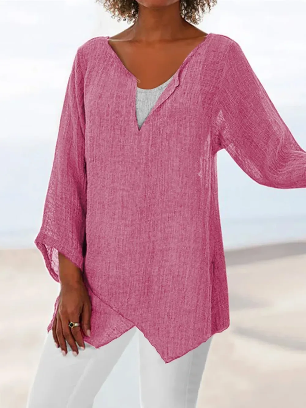 V Neck Asymmetric Solid Causal Tunic Tops