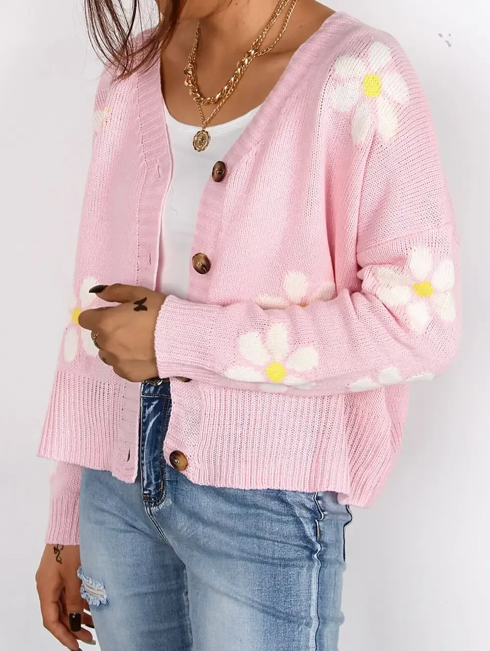 Fall Floral Button Varsity Sweater Jacket