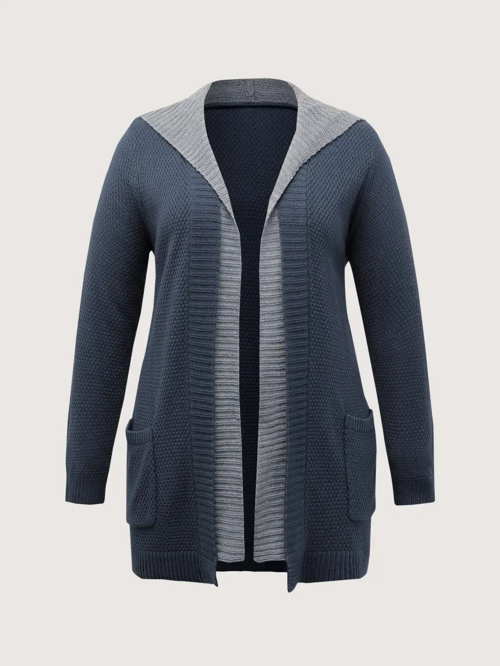 Textured Color Contrast Hooded Pocket Knit Cardigan
