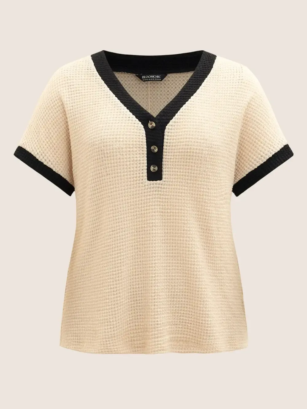 V Neck Contrast Button Detail Knit T-Shirt