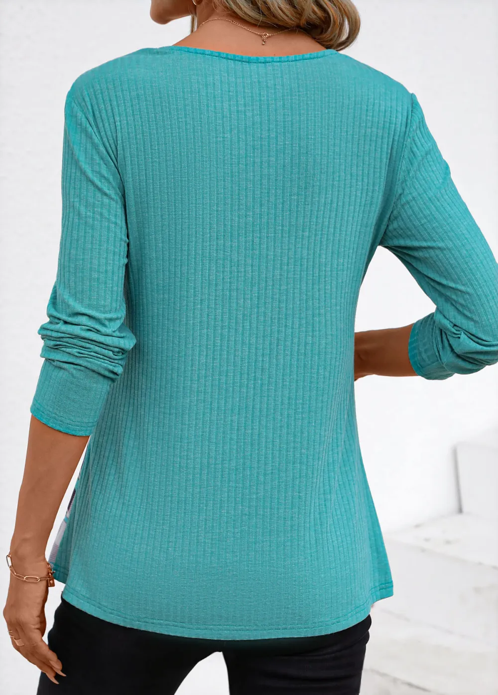 Cyan Patchwork Plaid Long Sleeve Draped Neck Sweatshirt