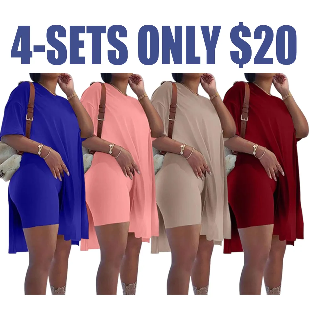 Women Plus Size 2 - Piece Outfits: Crewneck Short Sleeve Tunic & Skinny Biker Shorts Sets