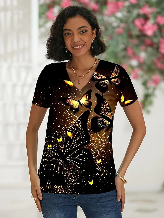 Women's T shirt Tee Graphic Abstract Print Daily Weekend Basic Neon & Bright Short Sleeve V Neck Yellow