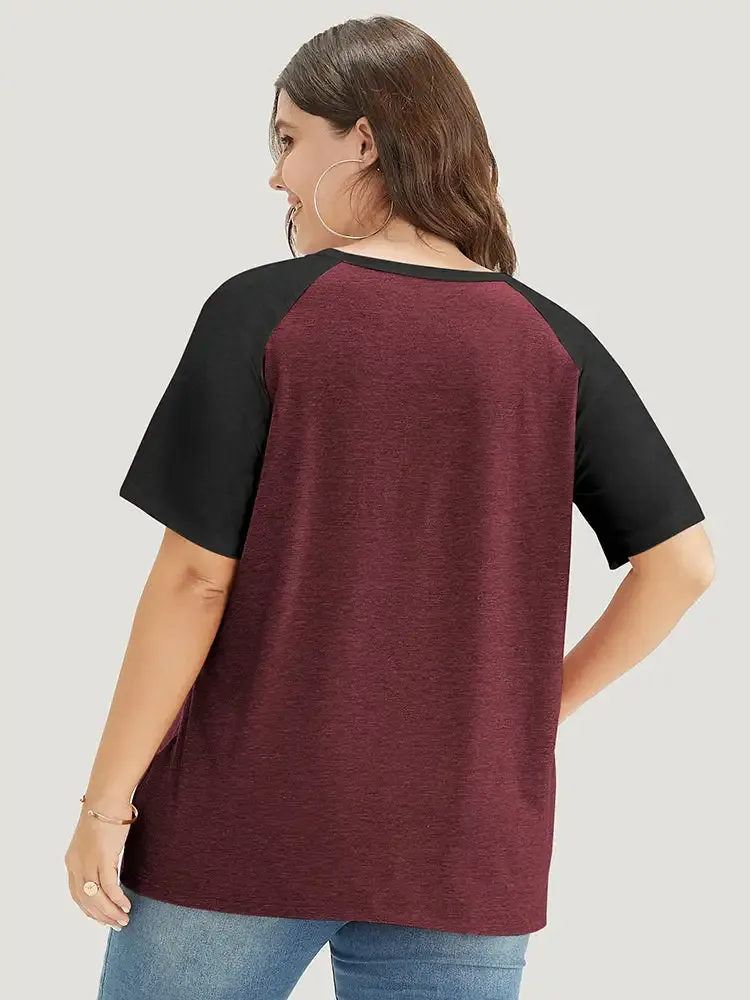 Colorblock Contrast Notched Raglan Sleeve T-shirt