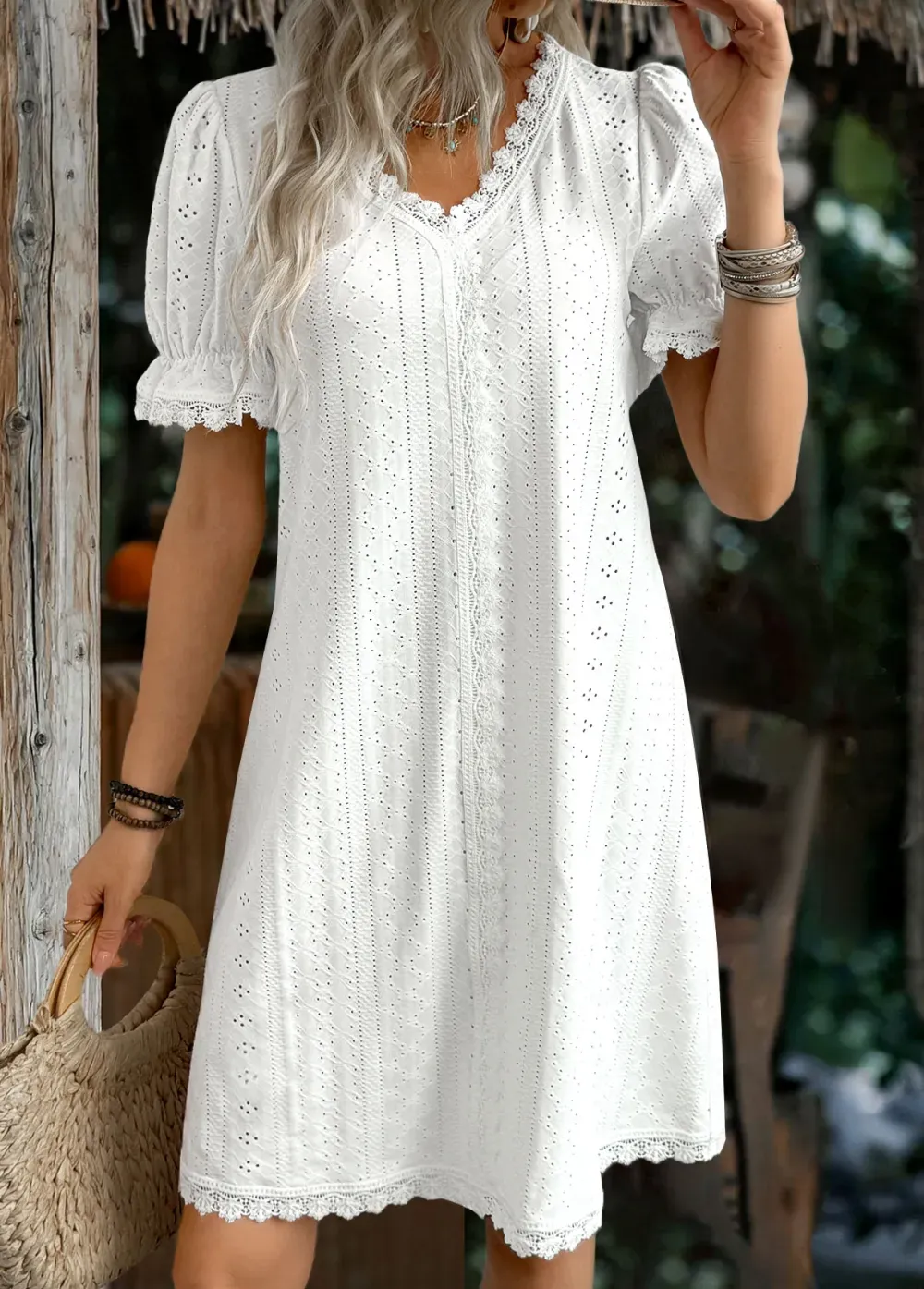 White Short Sleeve V Neck Dress