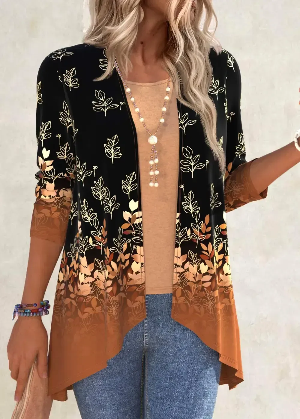 Plus Size Black Handkerchief Hem Leaf Print Light Cardigan